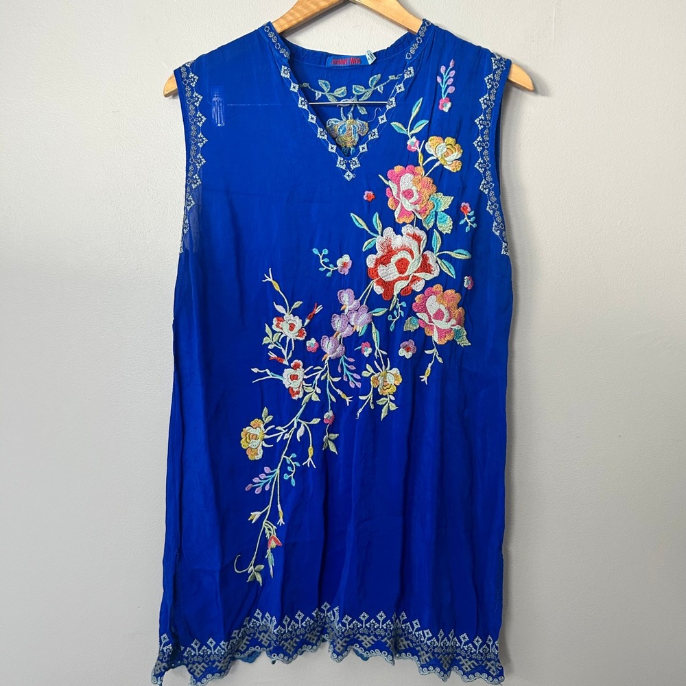 Johnny Was Tunic Womens XL Blue Silk Floral Embroidered Sleeveless Boho Tank Top